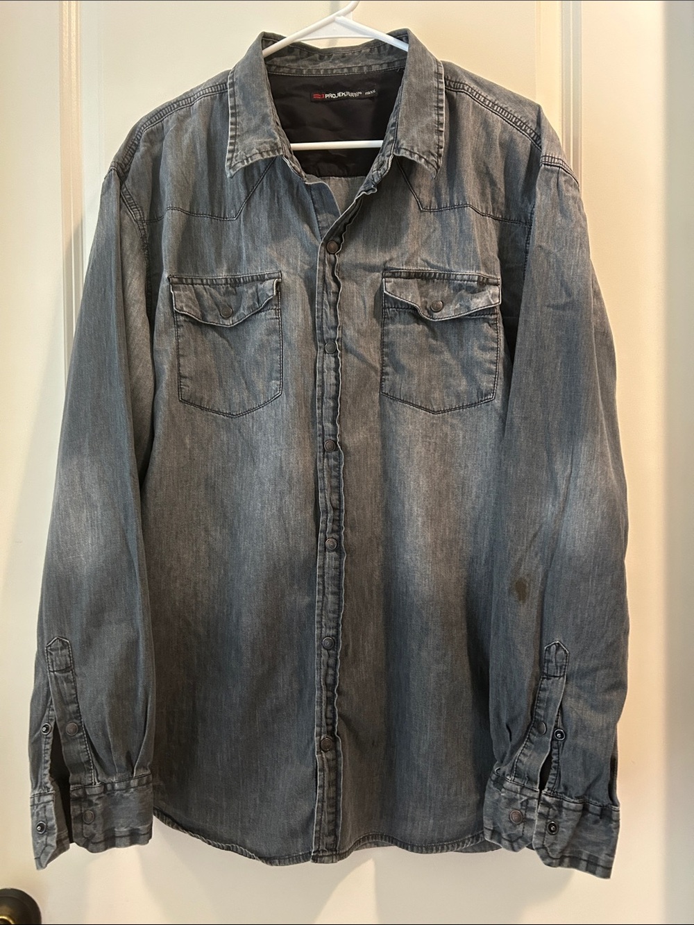 Projek RAW Men's Washed Gray Denim Snap Down Shirt Long Sleeve size XXL